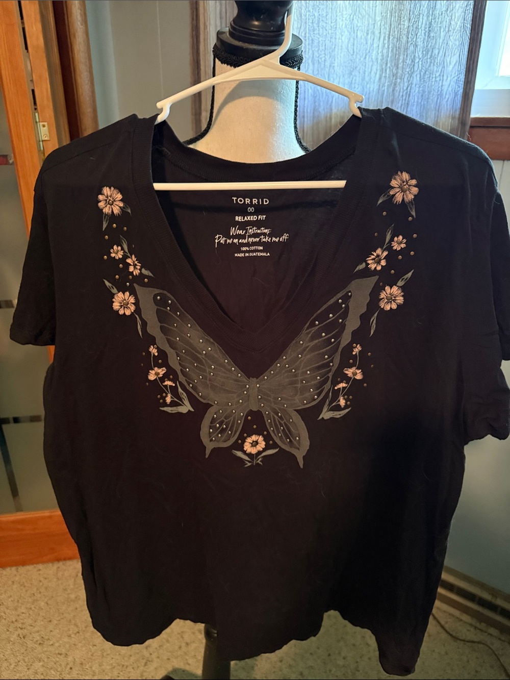 torrid Black V-Neck Tee with Butterfly & Pink Floral Accents